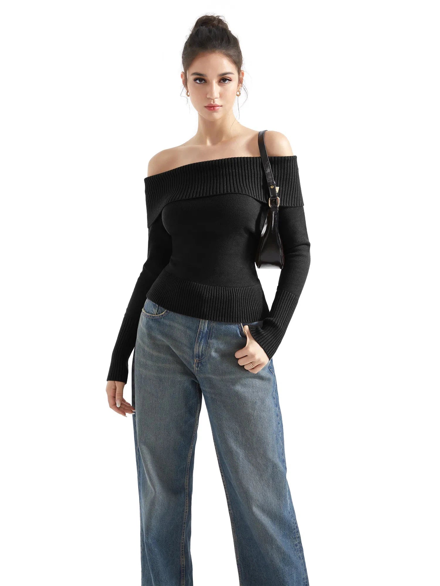 Ribbed Off Shoulder Sweater Shirt - Long Sleeve-SUUKSESS-SUUKSESS