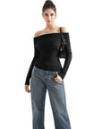 Ribbed Off Shoulder Sweater Shirt - Long Sleeve-SUUKSESS-SUUKSESS