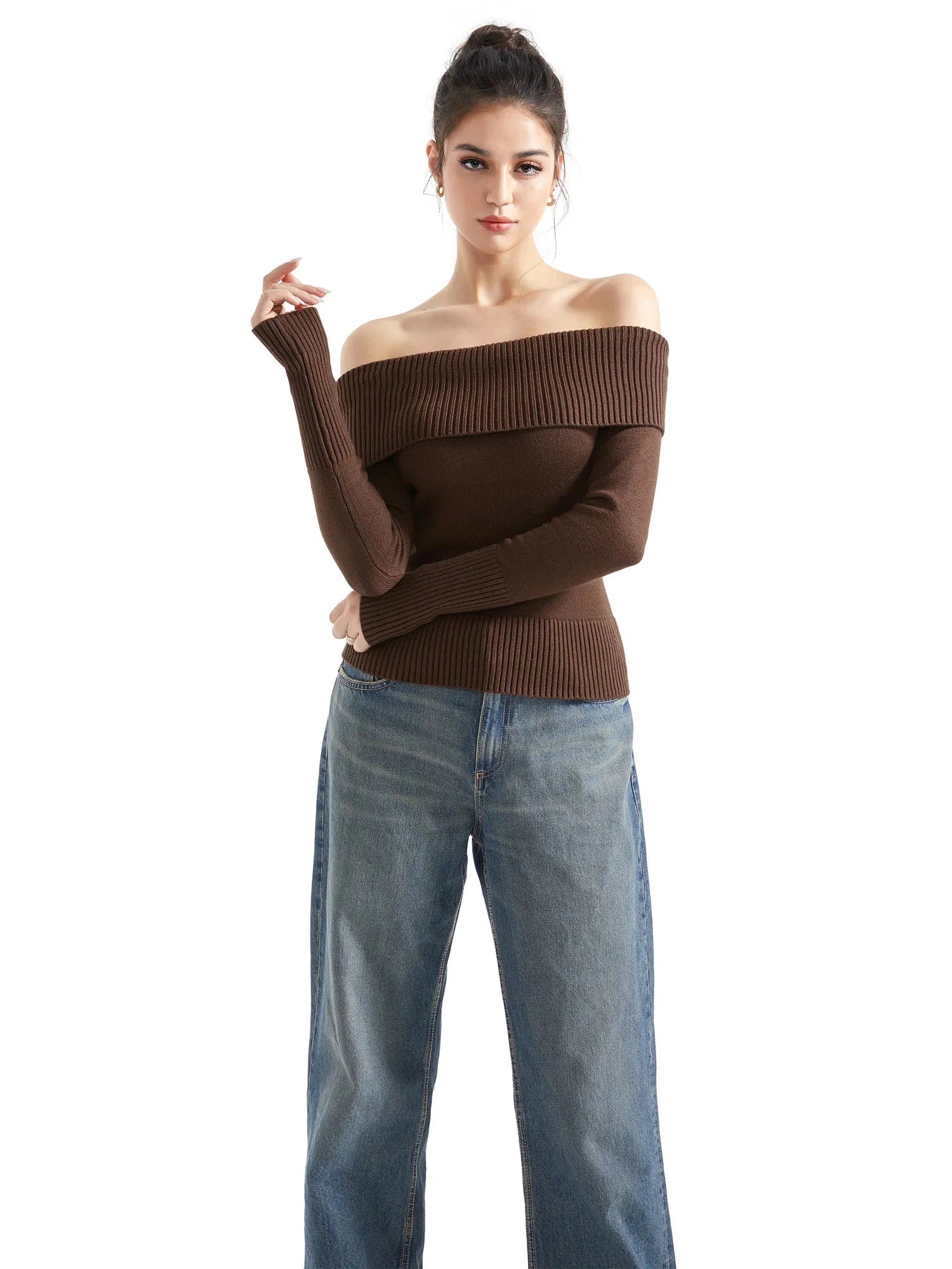 Ribbed Off Shoulder Sweater Shirt - Long Sleeve-SUUKSESS-Brown-XS-SUUKSESS