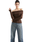 Ribbed Off Shoulder Sweater Shirt - Long Sleeve-SUUKSESS-Brown-XS-SUUKSESS