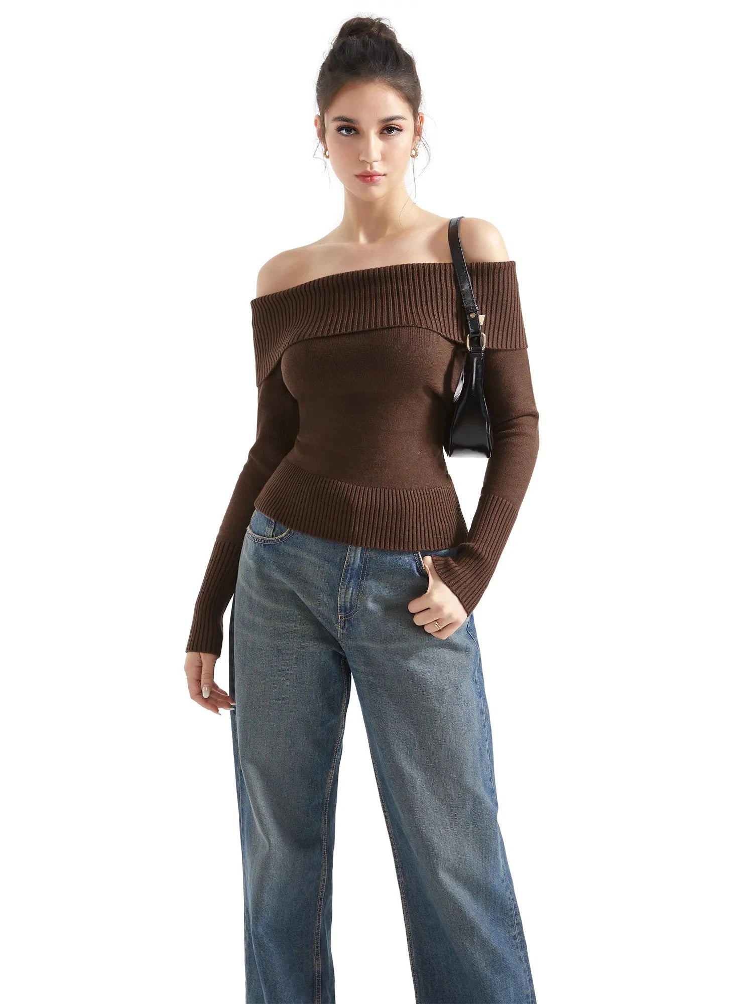 Ribbed Off Shoulder Sweater Shirt - Long Sleeve-SUUKSESS-SUUKSESS