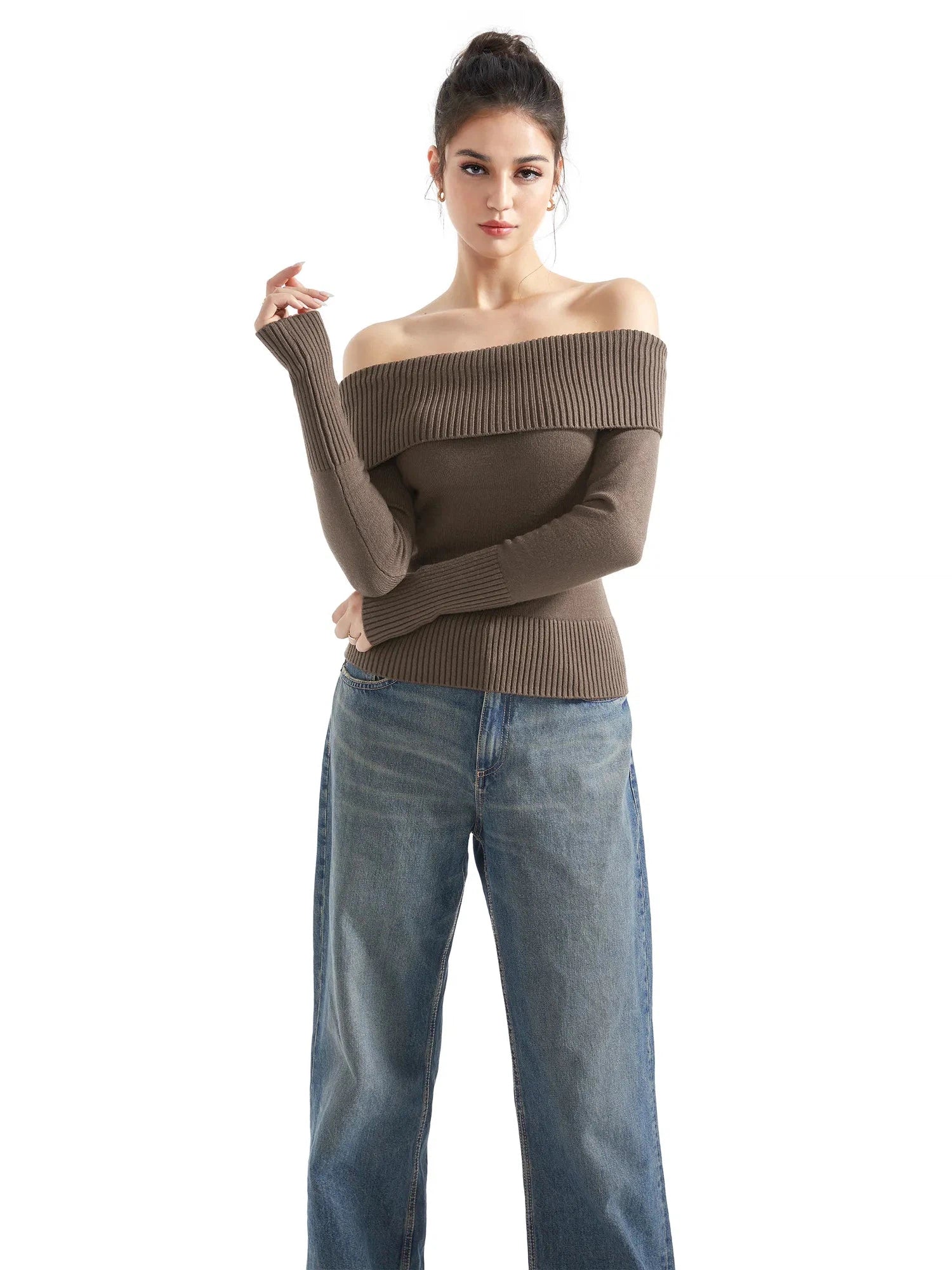 Ribbed Off Shoulder Sweater Shirt - Long Sleeve-SUUKSESS-Khaki-XS-SUUKSESS