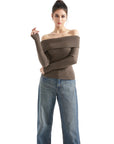 Ribbed Off Shoulder Sweater Shirt - Long Sleeve-SUUKSESS-Khaki-XS-SUUKSESS