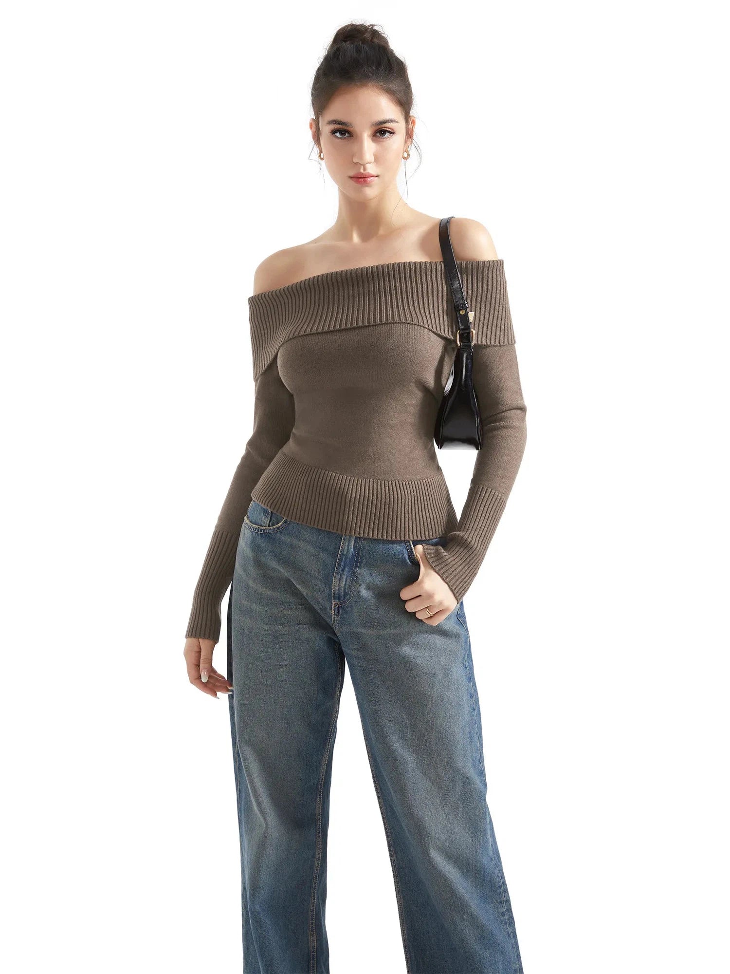 Ribbed Off Shoulder Sweater Shirt - Long Sleeve-SUUKSESS-SUUKSESS