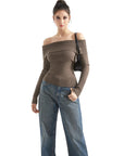 Ribbed Off Shoulder Sweater Shirt - Long Sleeve-SUUKSESS-SUUKSESS