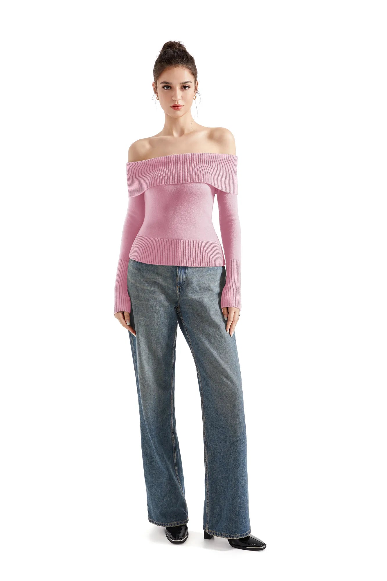 Geripptes, schulterfreies Pullover-Shirt – Langarm