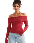 Ribbed Off Shoulder Sweater Shirt - Long Sleeve-SUUKSESS-Red-XS-SUUKSESS