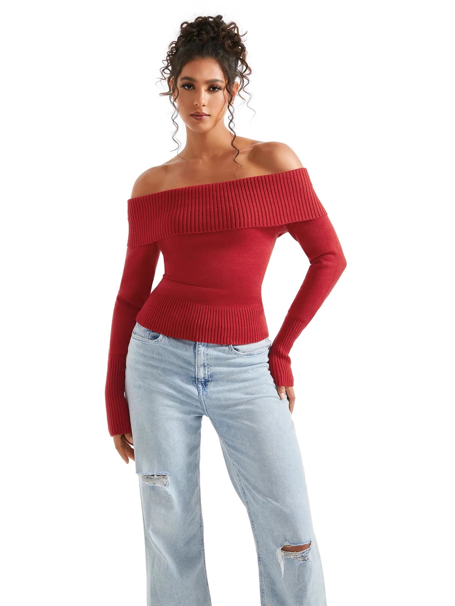 Ribbed Off Shoulder Sweater Shirt - Long Sleeve-SUUKSESS-SUUKSESS