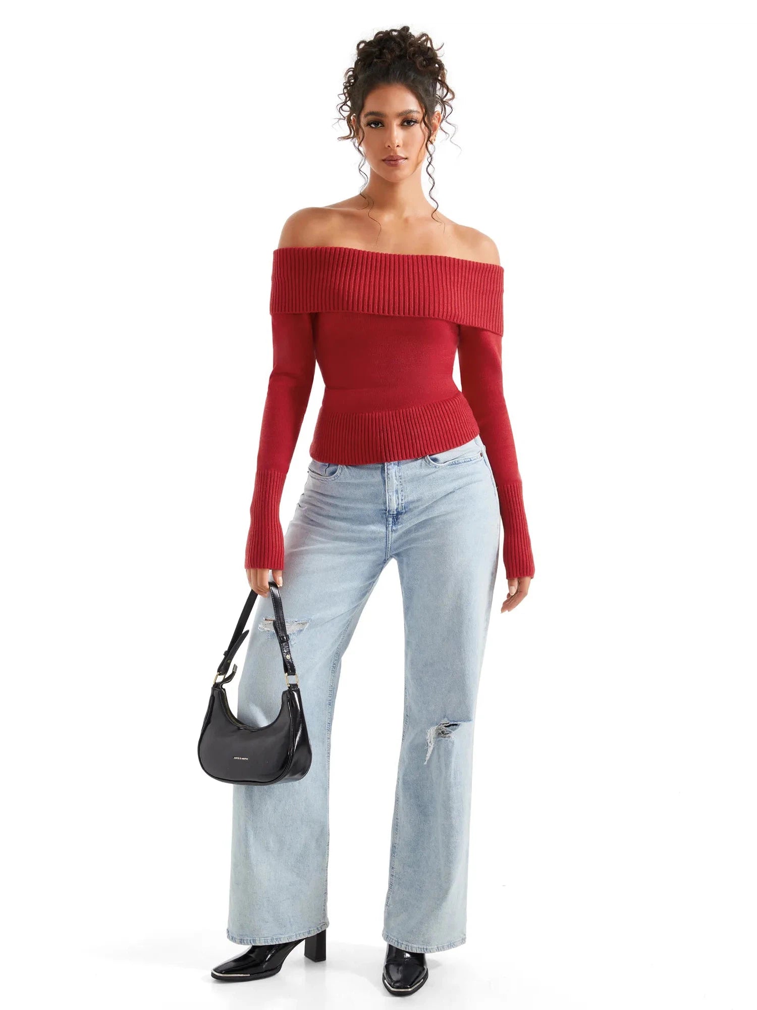 Ribbed Off Shoulder Sweater Shirt - Long Sleeve-SUUKSESS-SUUKSESS