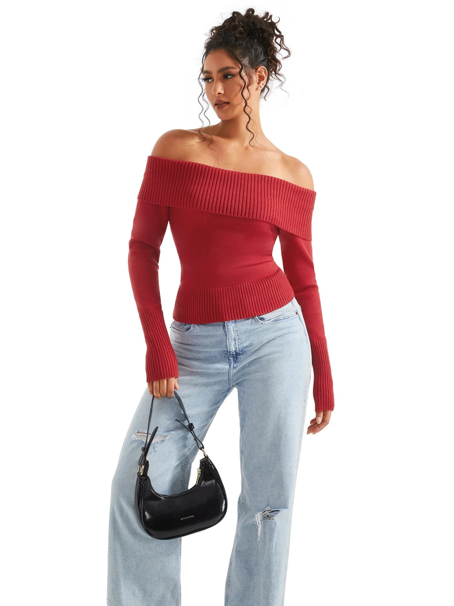 Ribbed Off Shoulder Sweater Shirt - Long Sleeve-SUUKSESS-SUUKSESS