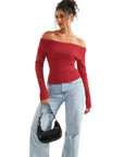 Ribbed Off Shoulder Sweater Shirt - Long Sleeve-SUUKSESS-SUUKSESS