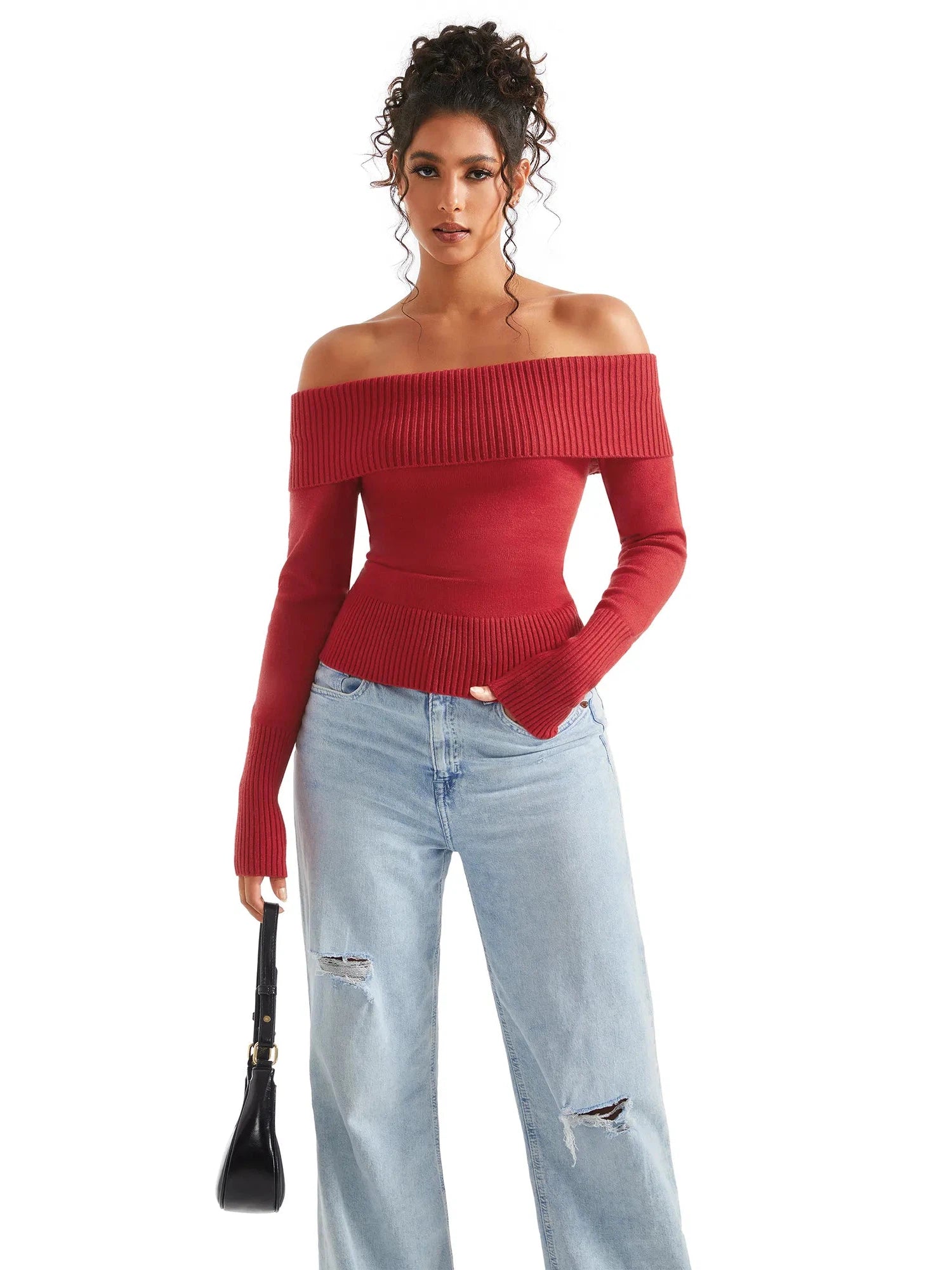 Ribbed Off Shoulder Sweater Shirt - Long Sleeve-SUUKSESS-SUUKSESS