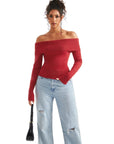 Ribbed Off Shoulder Sweater Shirt - Long Sleeve-SUUKSESS-SUUKSESS