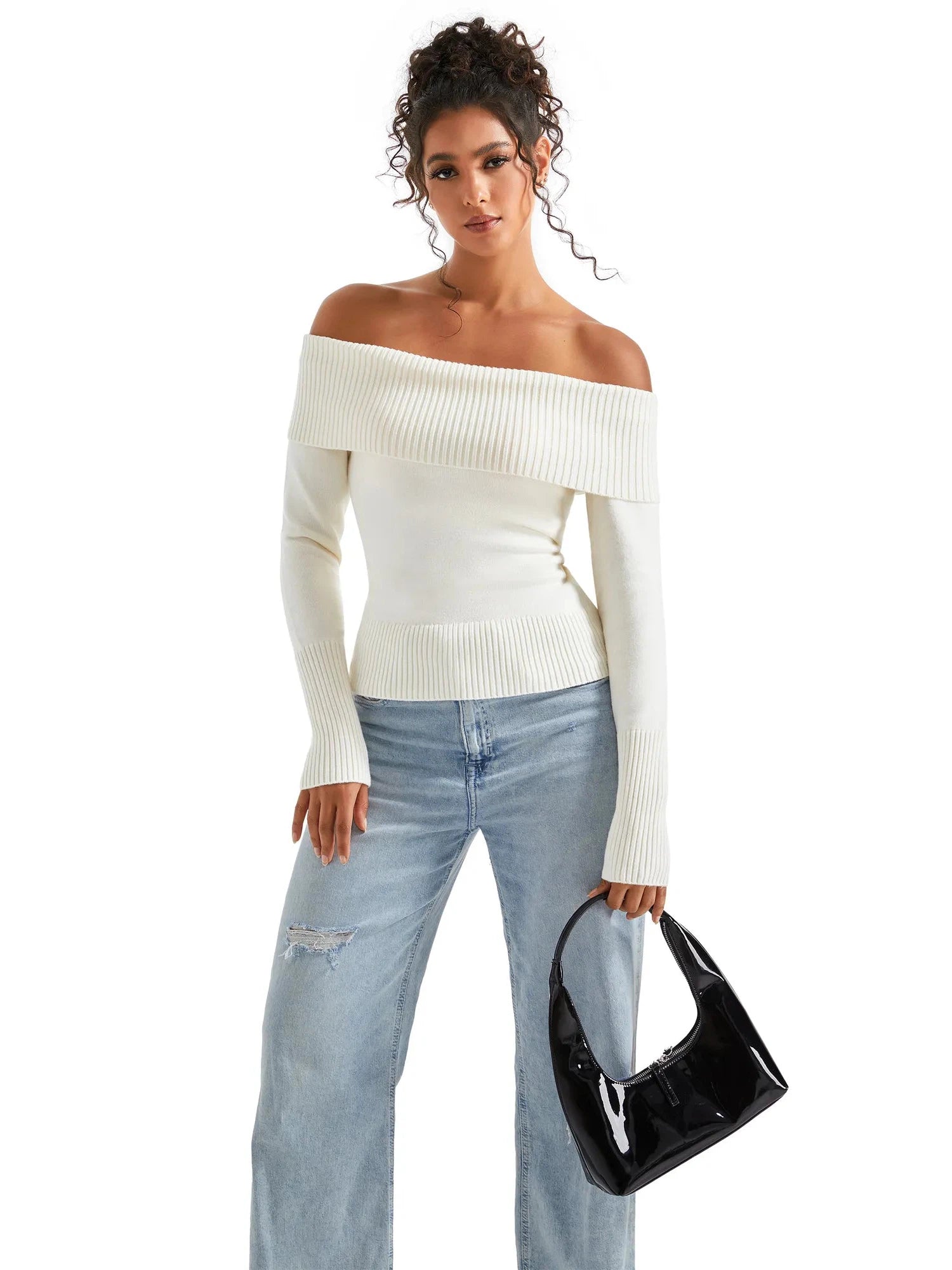 Ribbed Off Shoulder Sweater Shirt - Long Sleeve-SUUKSESS-SUUKSESS