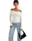 Ribbed Off Shoulder Sweater Shirt - Long Sleeve-SUUKSESS-SUUKSESS