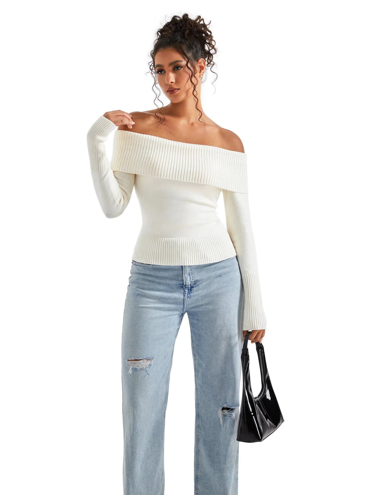 Ribbed Off Shoulder Sweater Shirt - Long Sleeve-SUUKSESS-SUUKSESS