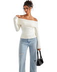 Ribbed Off Shoulder Sweater Shirt - Long Sleeve-SUUKSESS-SUUKSESS