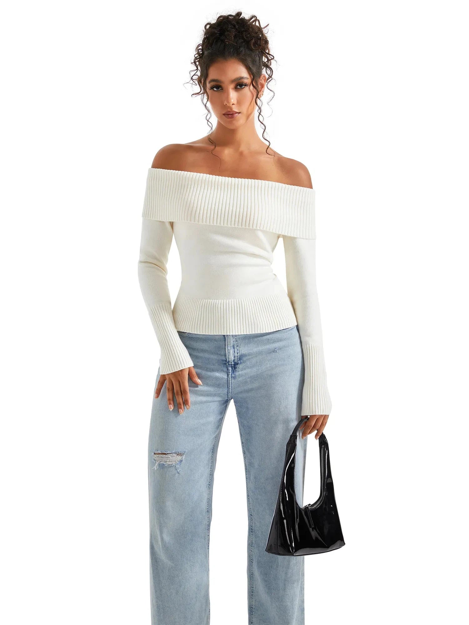 Ribbed Off Shoulder Sweater Shirt - Long Sleeve-SUUKSESS-SUUKSESS