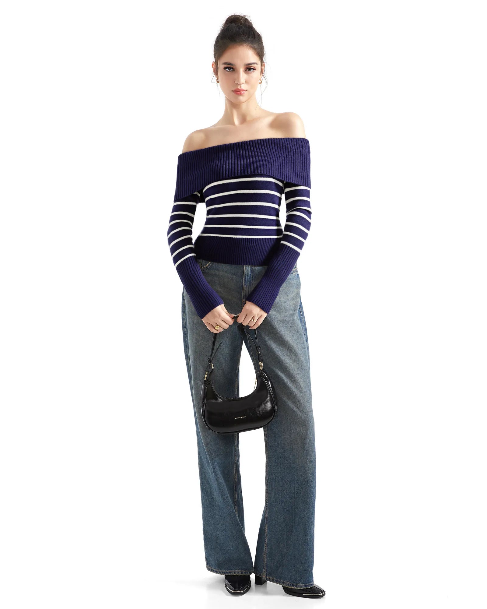 Geripptes, schulterfreies Pullover-Shirt – Langarm