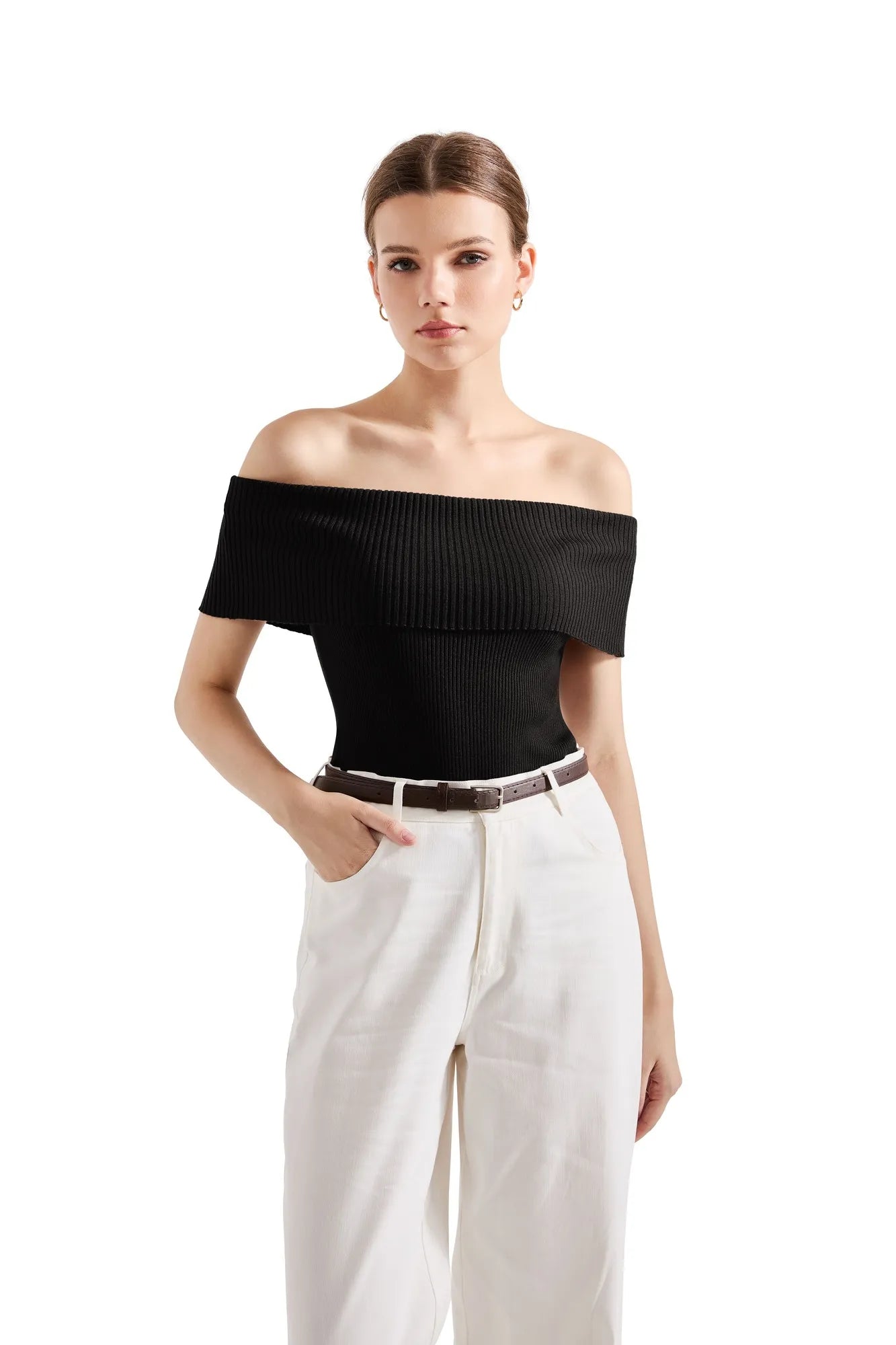 Ribbed Off Shoulder Shirt-SUUKSESS-Black-XS-SUUKSESS