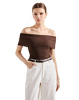 Ribbed Off Shoulder Shirt-SUUKSESS-Brown-XS-SUUKSESS