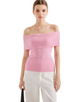 Ribbed Off Shoulder Shirt-SUUKSESS-Pink-XS-SUUKSESS