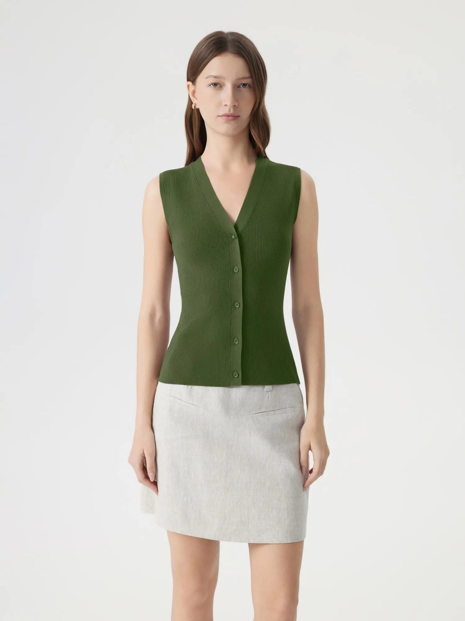 Button Down V Neck Sleeveless Tank Tops Sweater Vest-SUUKSESS-Olive-XS-SUUKSESS