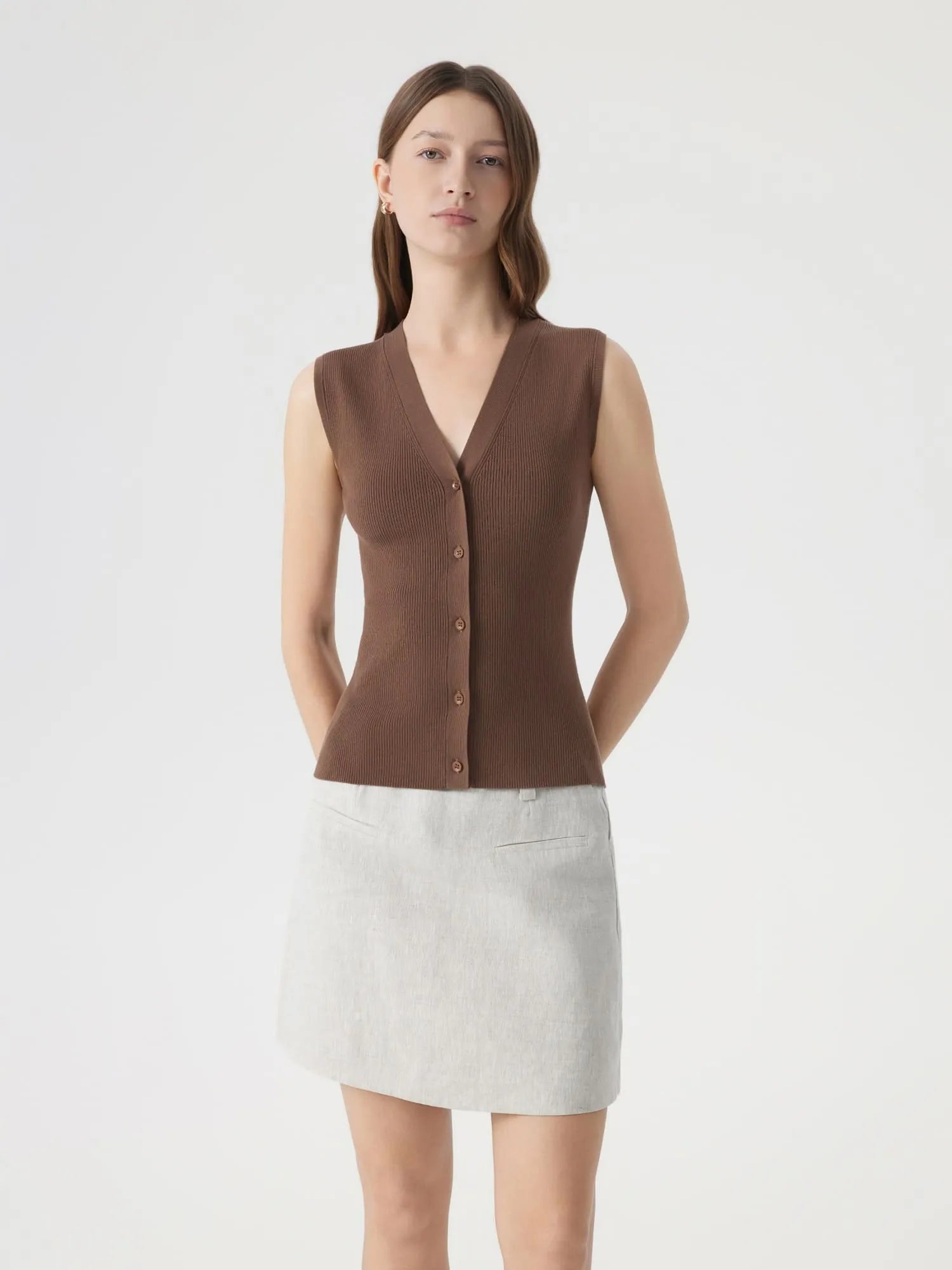 Button Down V Neck Sleeveless Tank Tops Sweater Vest-SUUKSESS-Brown-XS-SUUKSESS