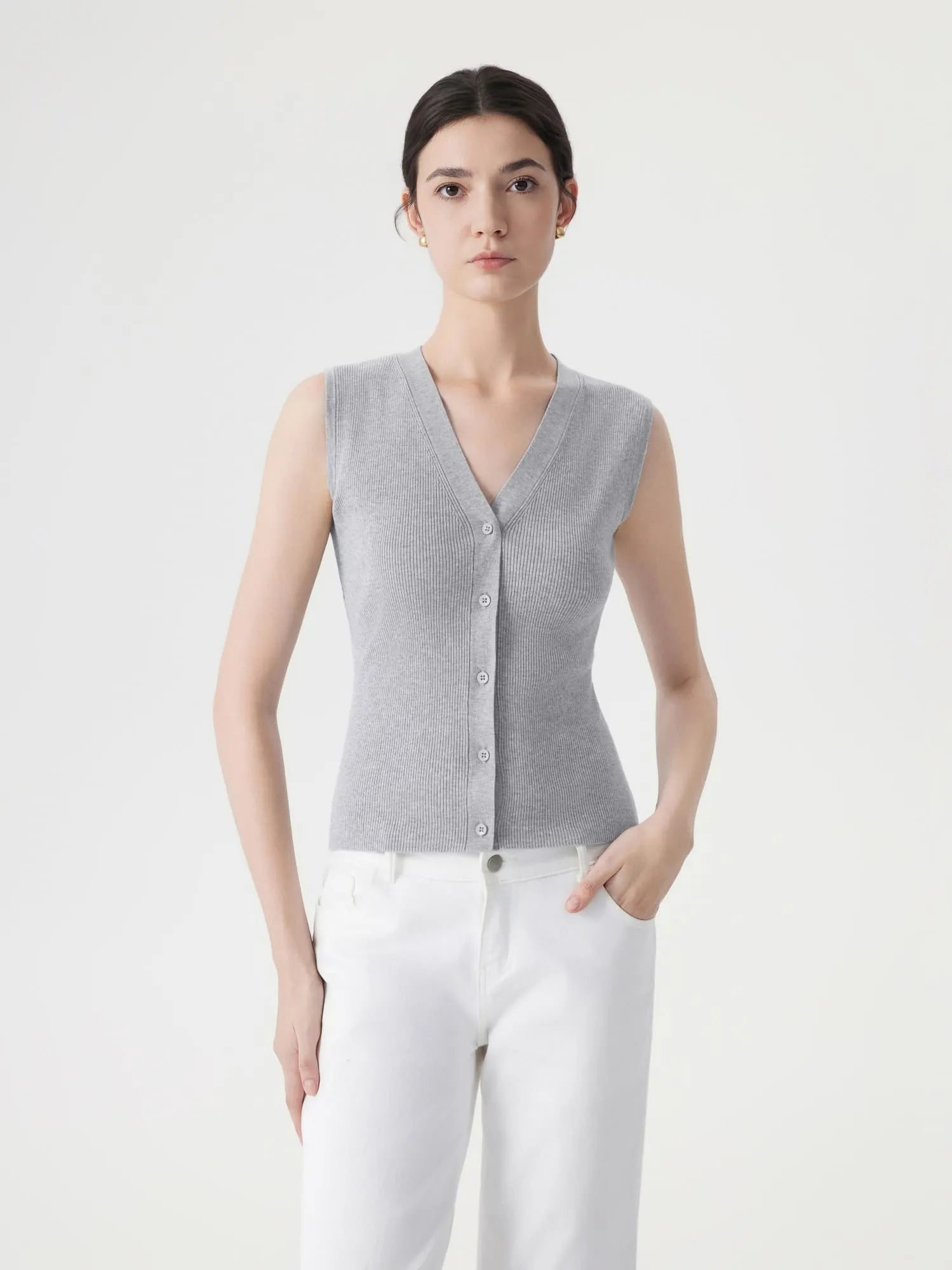 Button Down V Neck Sleeveless Tank Tops Sweater Vest-SUUKSESS-Grey-XS-SUUKSESS