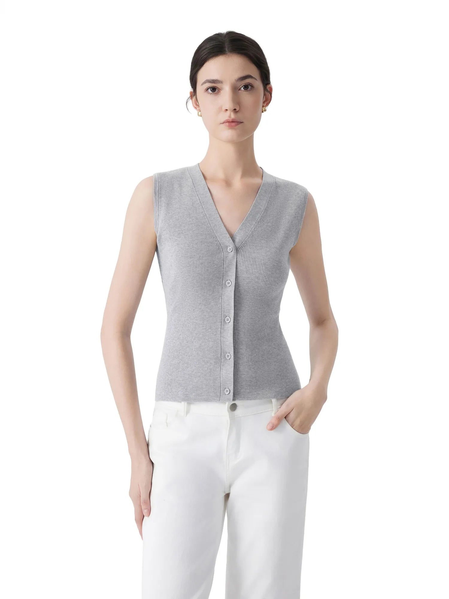 Button Down V Neck Sleeveless Tank Tops Sweater Vest-SUUKSESS-SUUKSESS
