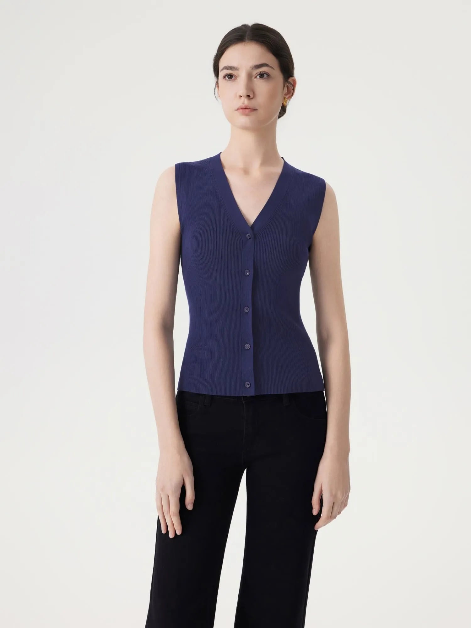 Button Down V Neck Sleeveless Tank Tops Sweater Vest-SUUKSESS-Navy-XS-SUUKSESS