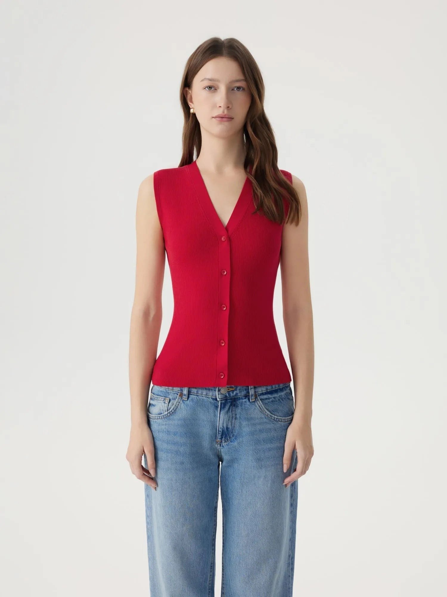 Button Down V Neck Sleeveless Tank Tops Sweater Vest-SUUKSESS-Red-XS-SUUKSESS