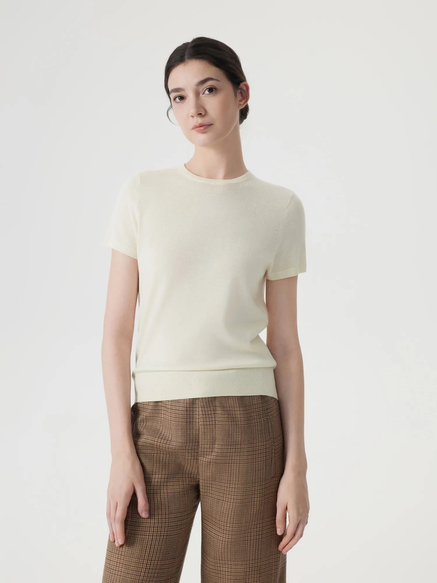 Cashmere Silk Blend Crew Neck Spring Sweater - Short Sleeve-SUUKSESS-Beige-XS-SUUKSESS