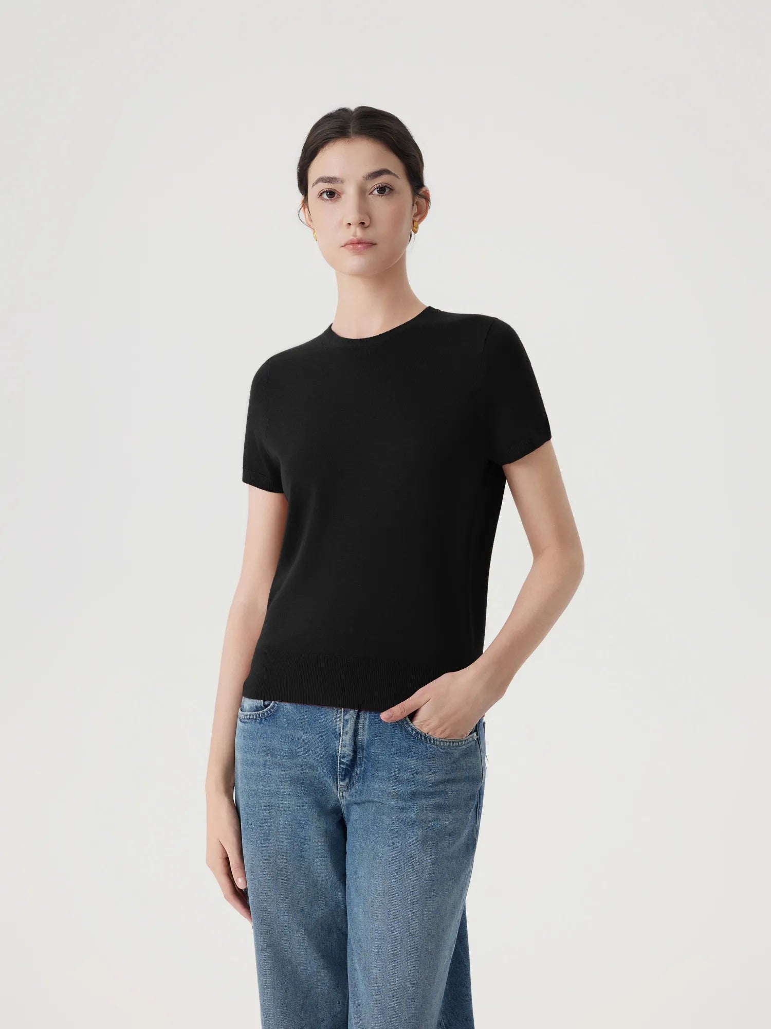 Cashmere Silk Blend Crew Neck Spring Sweater - Short Sleeve-SUUKSESS-Black-XS-SUUKSESS