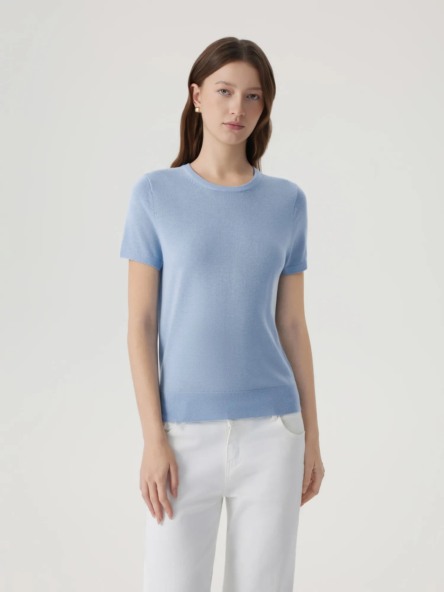 Cashmere Silk Blend Crew Neck Spring Sweater - Short Sleeve-SUUKSESS-Sky Blue-XS-SUUKSESS