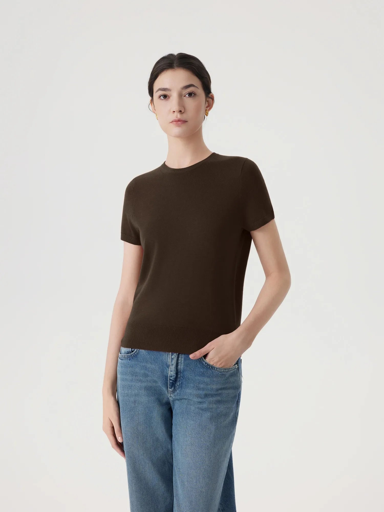 Cashmere Silk Blend Crew Neck Spring Sweater - Short Sleeve-SUUKSESS-Brown-XS-SUUKSESS