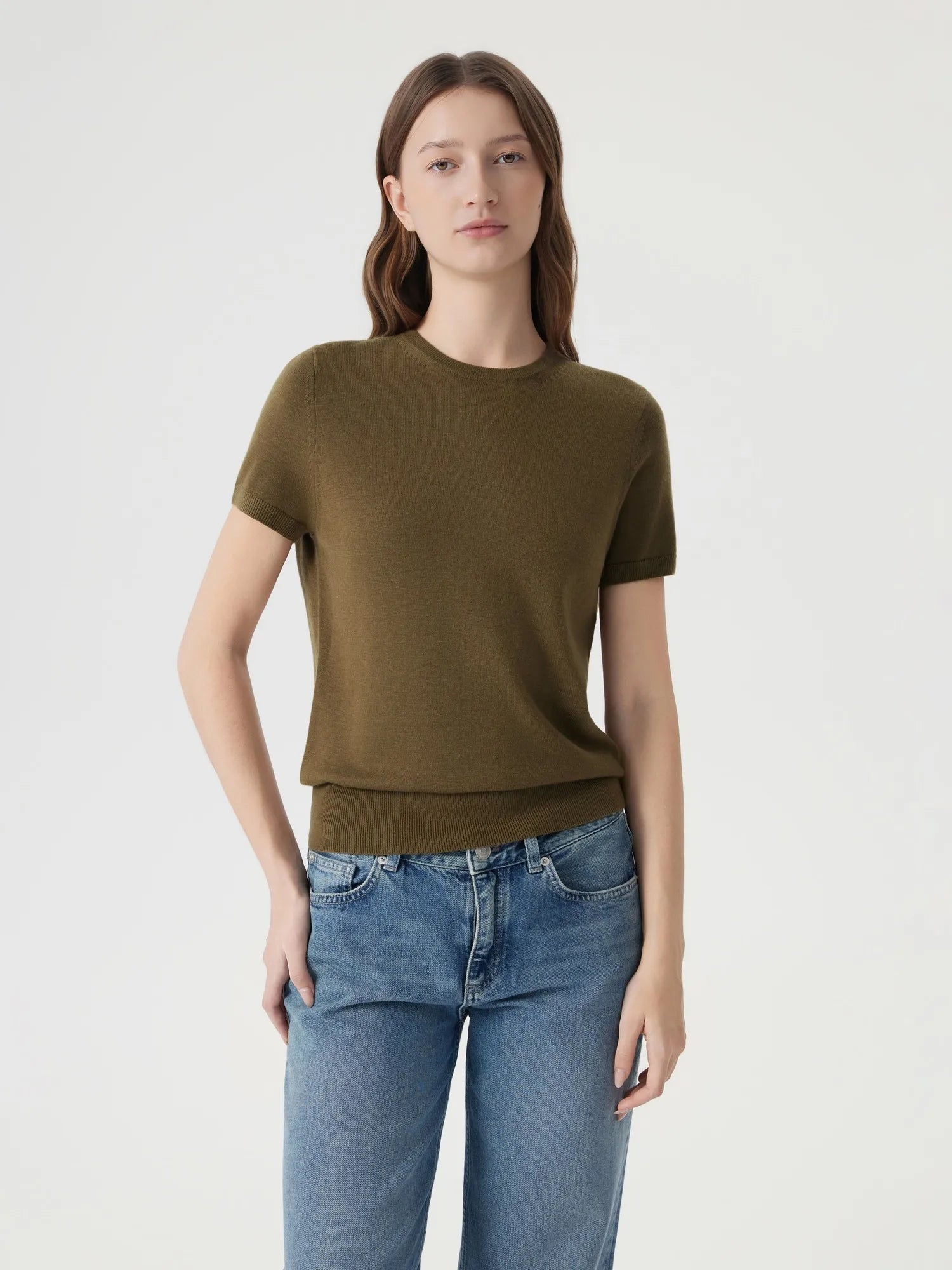 Cashmere Silk Blend Crew Neck Spring Sweater - Short Sleeve-SUUKSESS-Olive-XS-SUUKSESS
