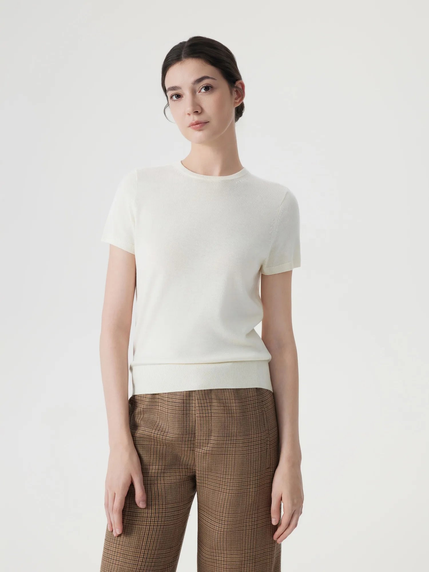 Cashmere Silk Blend Crew Neck Spring Sweater - Short Sleeve-SUUKSESS-White-XS-SUUKSESS