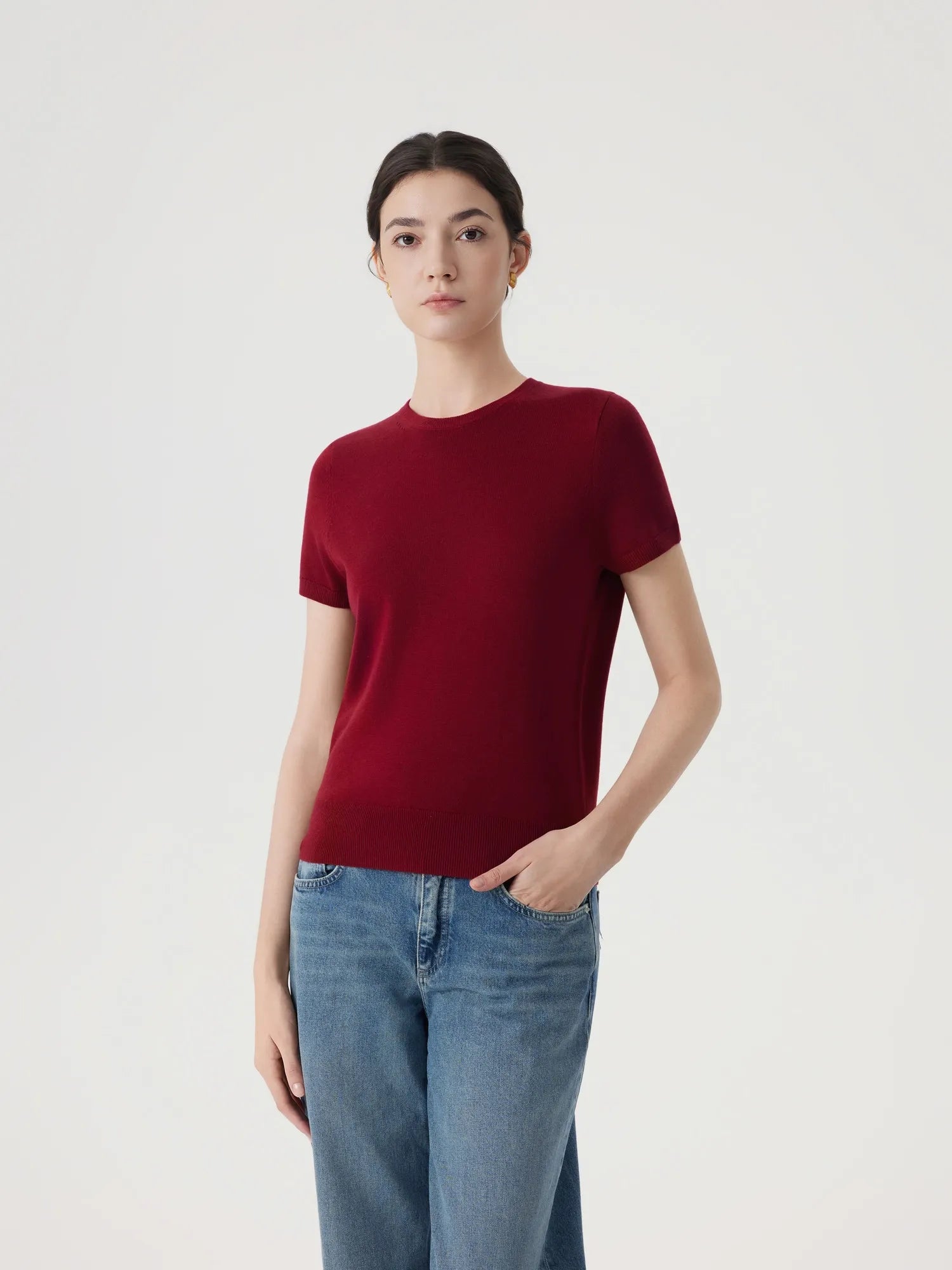 Cashmere Silk Blend Crew Neck Spring Sweater - Short Sleeve-SUUKSESS-Wine-XS-SUUKSESS