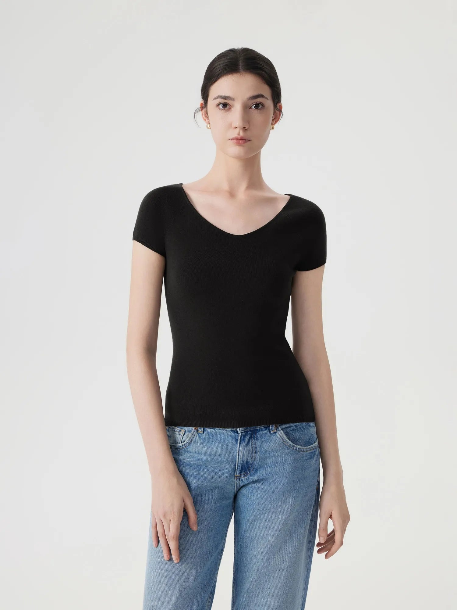 Cashmere Silk Blend V Shirts Sweater - Short Sleeve-SUUKSESS-Black-XS-SUUKSESS