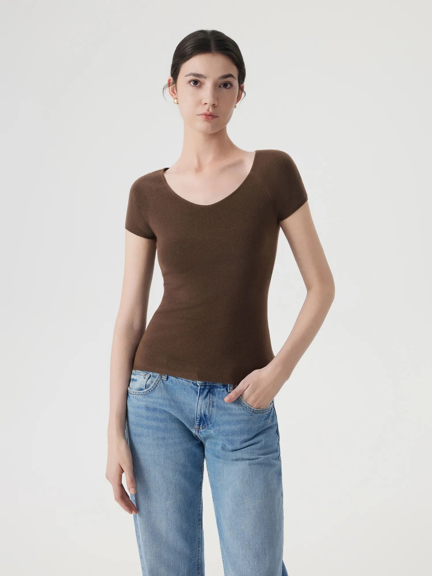 Cashmere Silk Blend V Shirts Sweater - Short Sleeve-SUUKSESS-Brown-XS-SUUKSESS