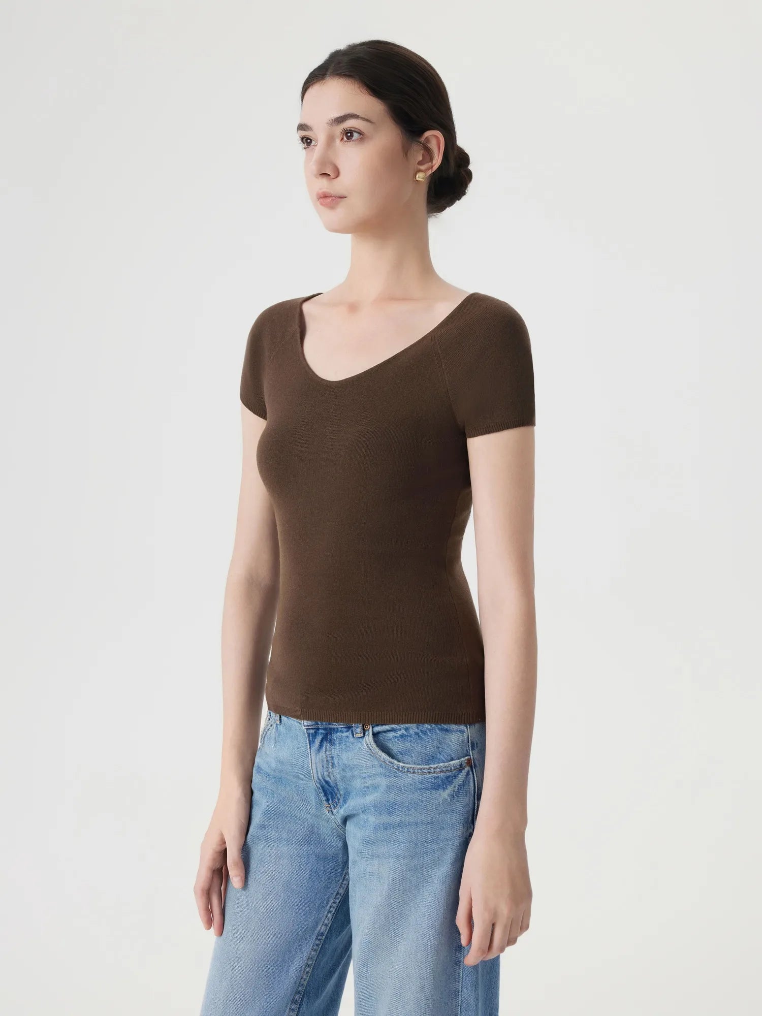 Cashmere Silk Blend V Shirts Sweater - Short Sleeve-SUUKSESS-SUUKSESS
