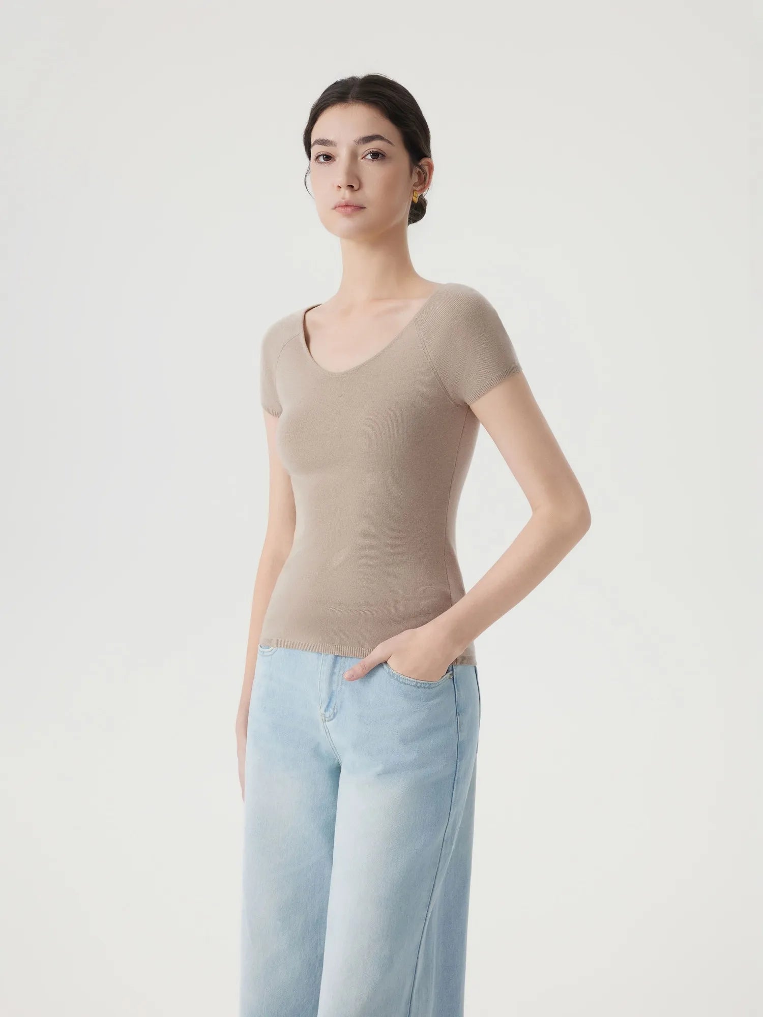 Cashmere Silk Blend V Shirts Sweater - Short Sleeve-SUUKSESS-SUUKSESS