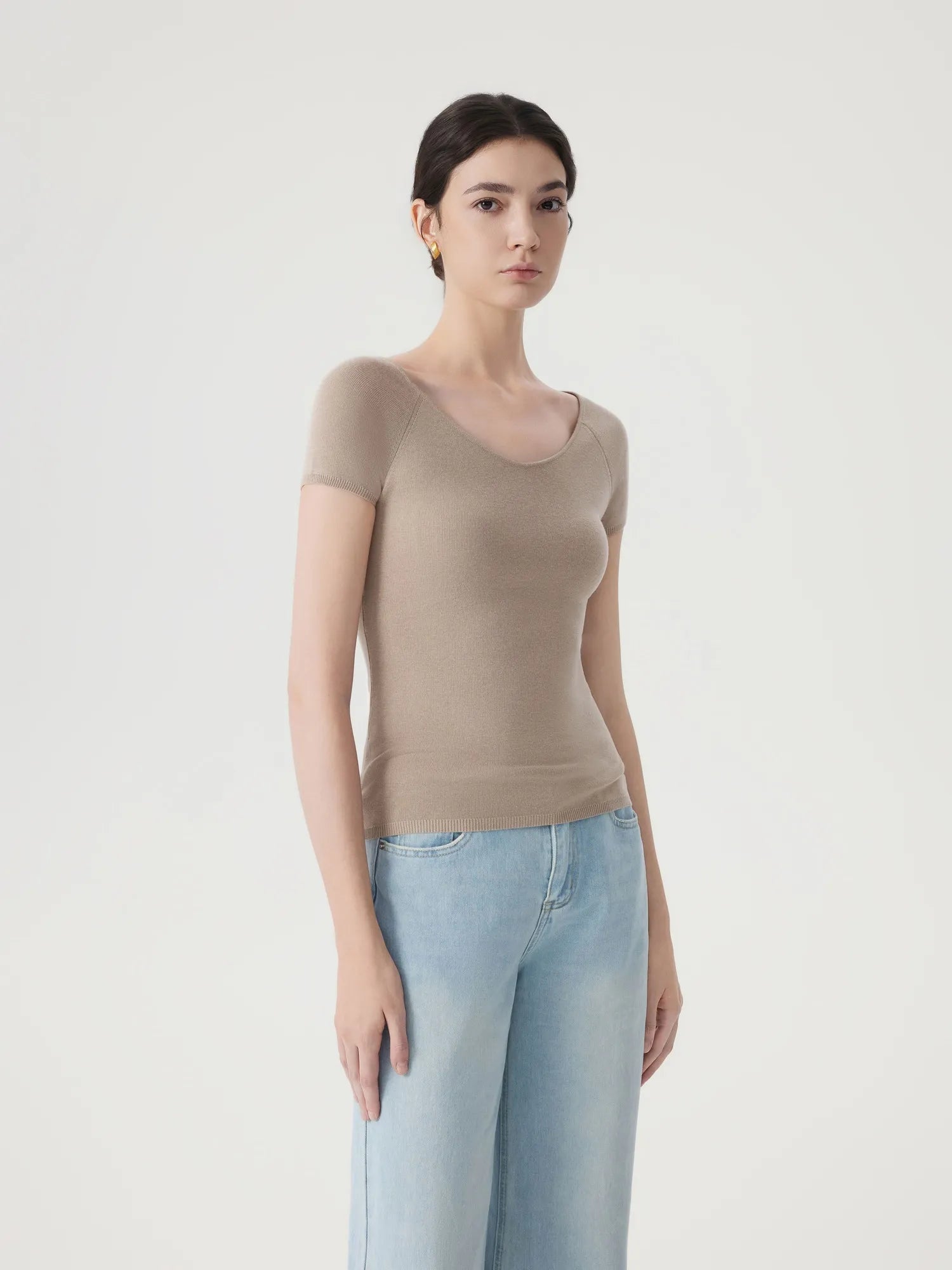 Cashmere Silk Blend V Shirts Sweater - Short Sleeve-SUUKSESS-SUUKSESS