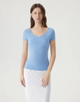 Cashmere Silk Blend V Shirts Sweater - Short Sleeve-SUUKSESS-Sky Blue-XS-SUUKSESS