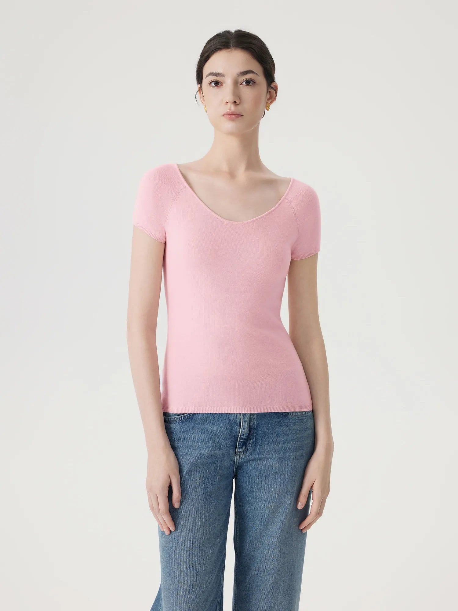 Cashmere Silk Blend V Shirts Sweater - Short Sleeve-SUUKSESS-Pink-XS-SUUKSESS