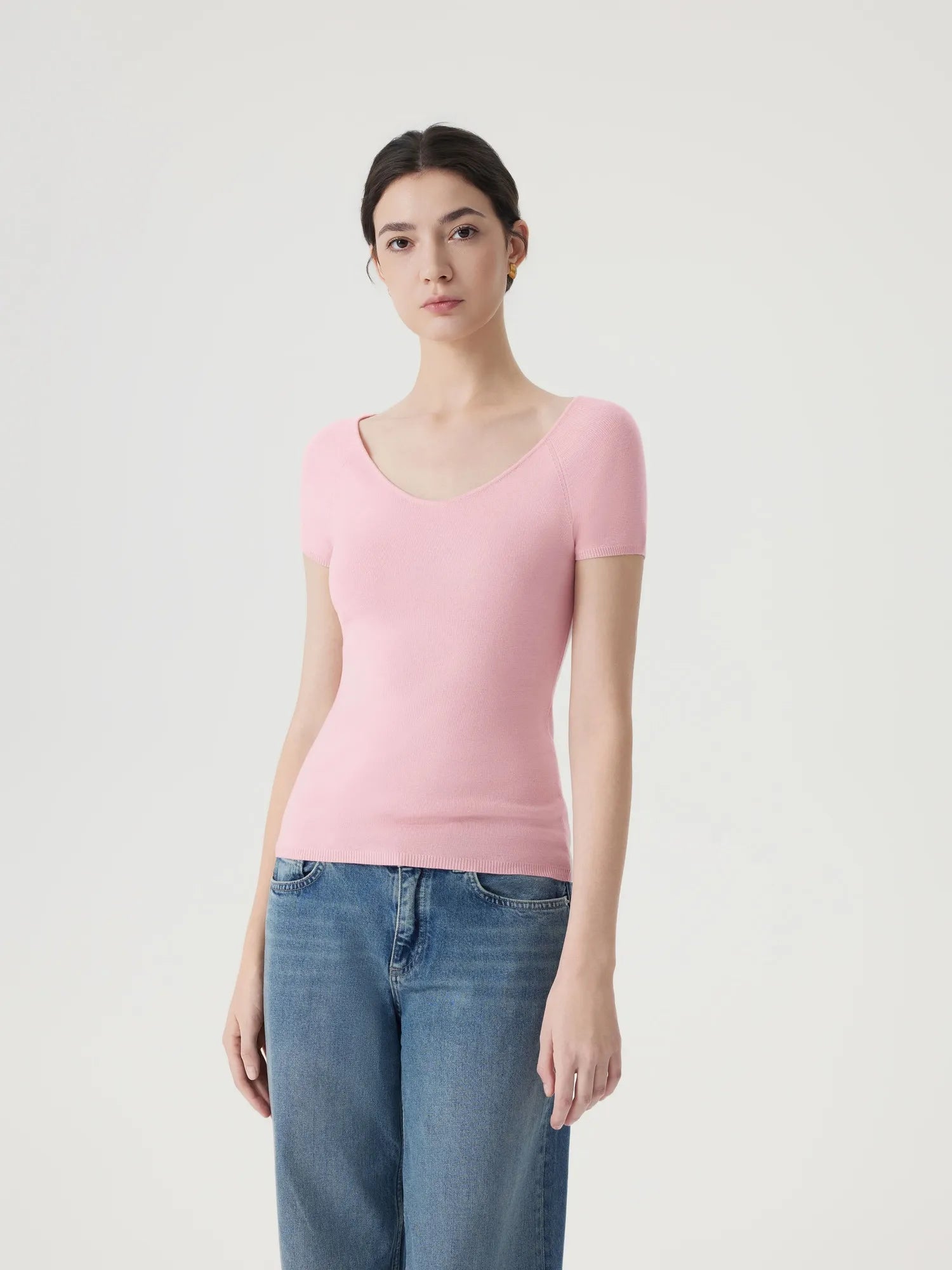 Cashmere Silk Blend V Shirts Sweater - Short Sleeve-SUUKSESS-SUUKSESS