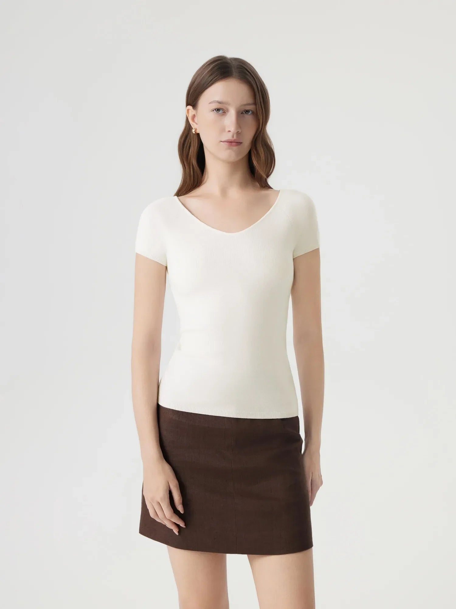 Cashmere Silk Blend V Shirts Sweater - Short Sleeve-SUUKSESS-White-XS-SUUKSESS
