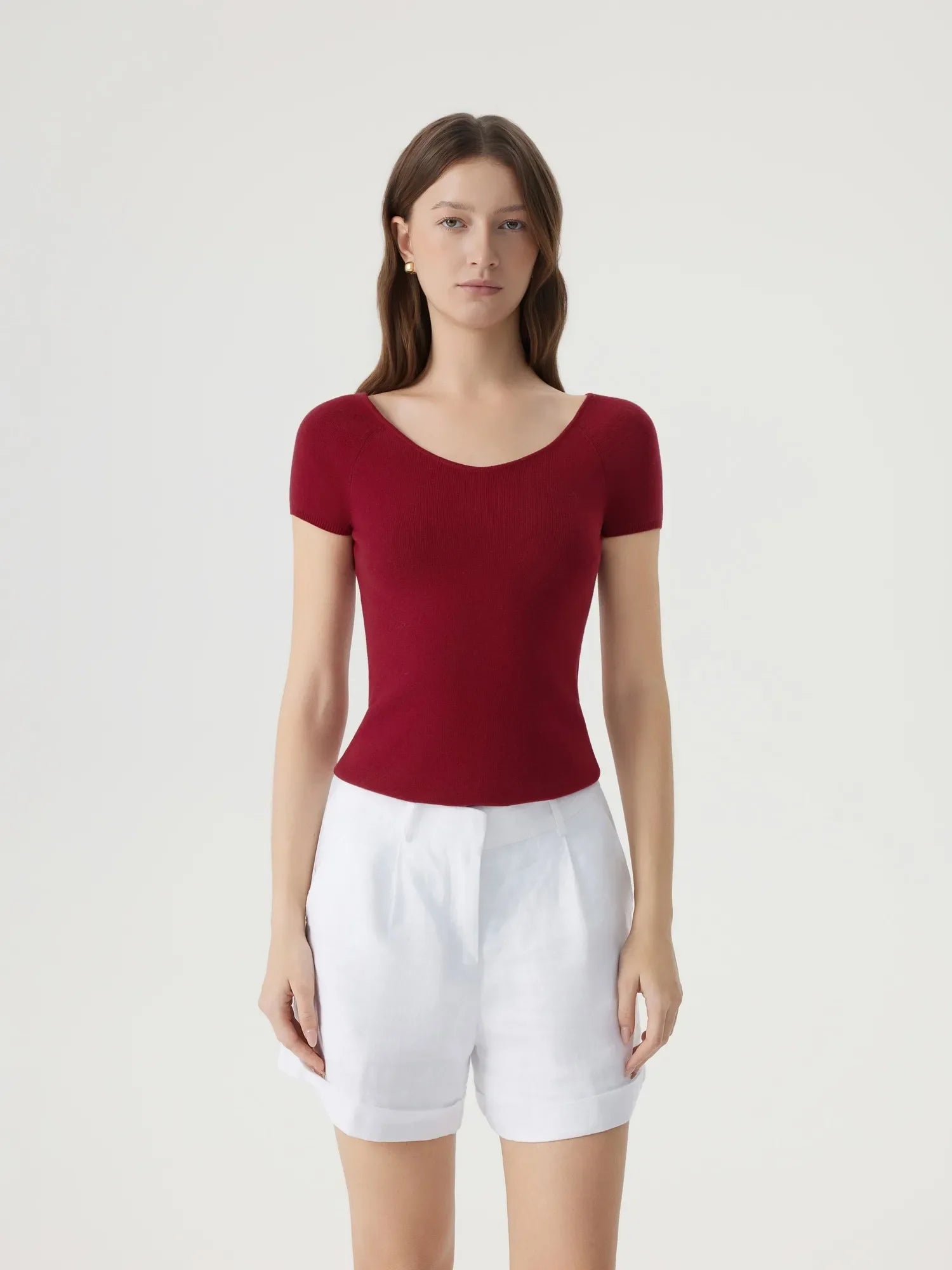 Cashmere Silk Blend V Shirts Sweater - Short Sleeve-SUUKSESS-Wine-XS-SUUKSESS