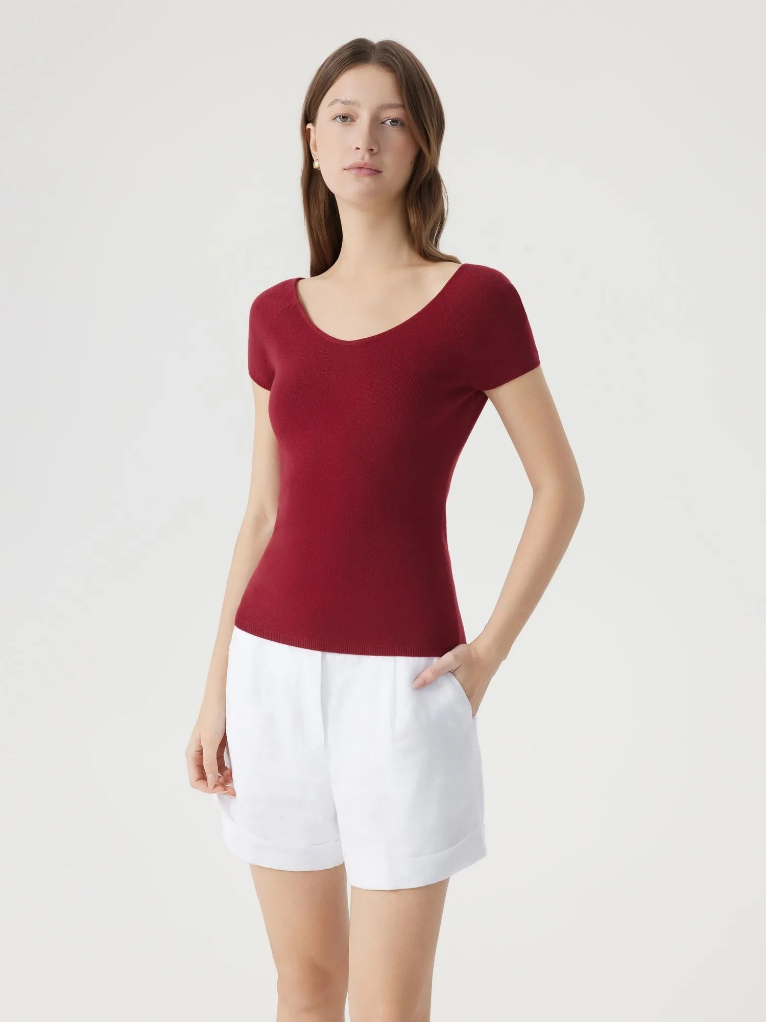 Cashmere Silk Blend V Shirts Sweater - Short Sleeve-SUUKSESS-SUUKSESS